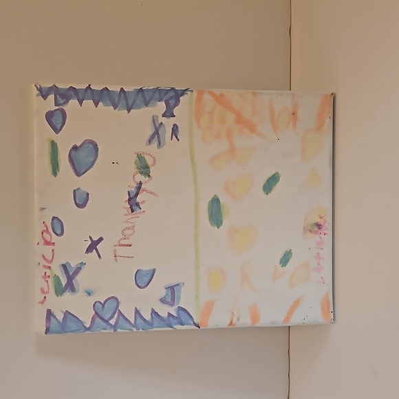 Hand crafted  painting 8" x10" on white upcycled canvas Blue Yellow Green Orange - Picture 6 of 10